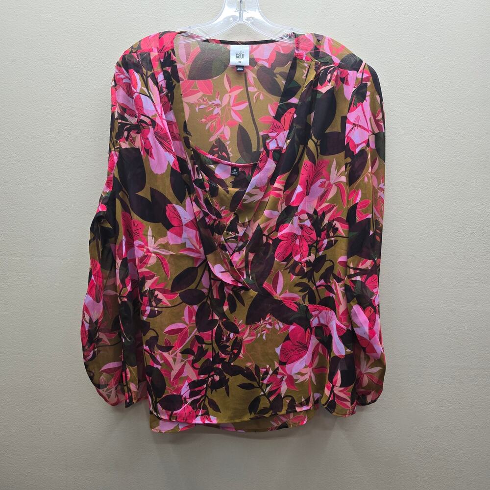 Cabi Mia Floral Layered Long Sleeve Blouse Top 2 Piece Multicolor XL Semi-Sheer